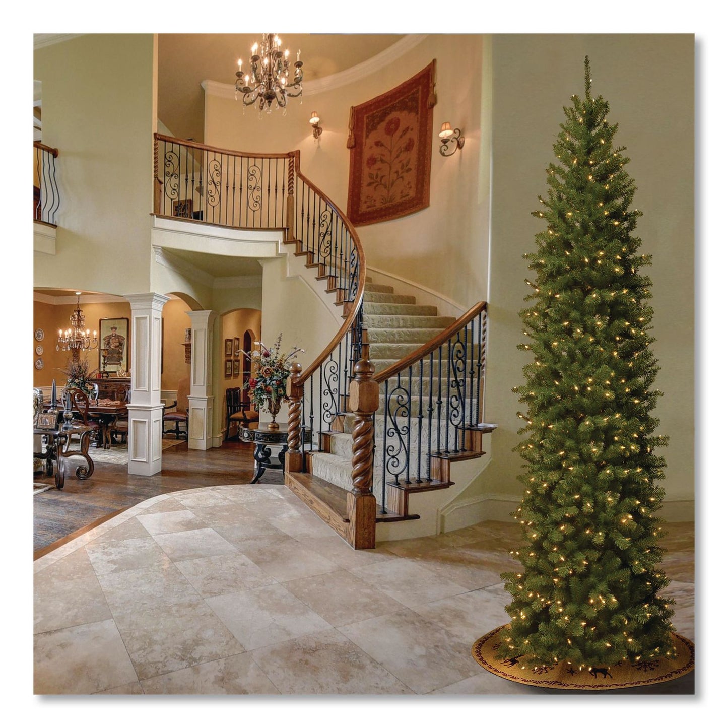Pre-Lit North Valley Spruce Pencil Slim Tree, 40" x 40" x 108", Green Tree, Green Tree Stand