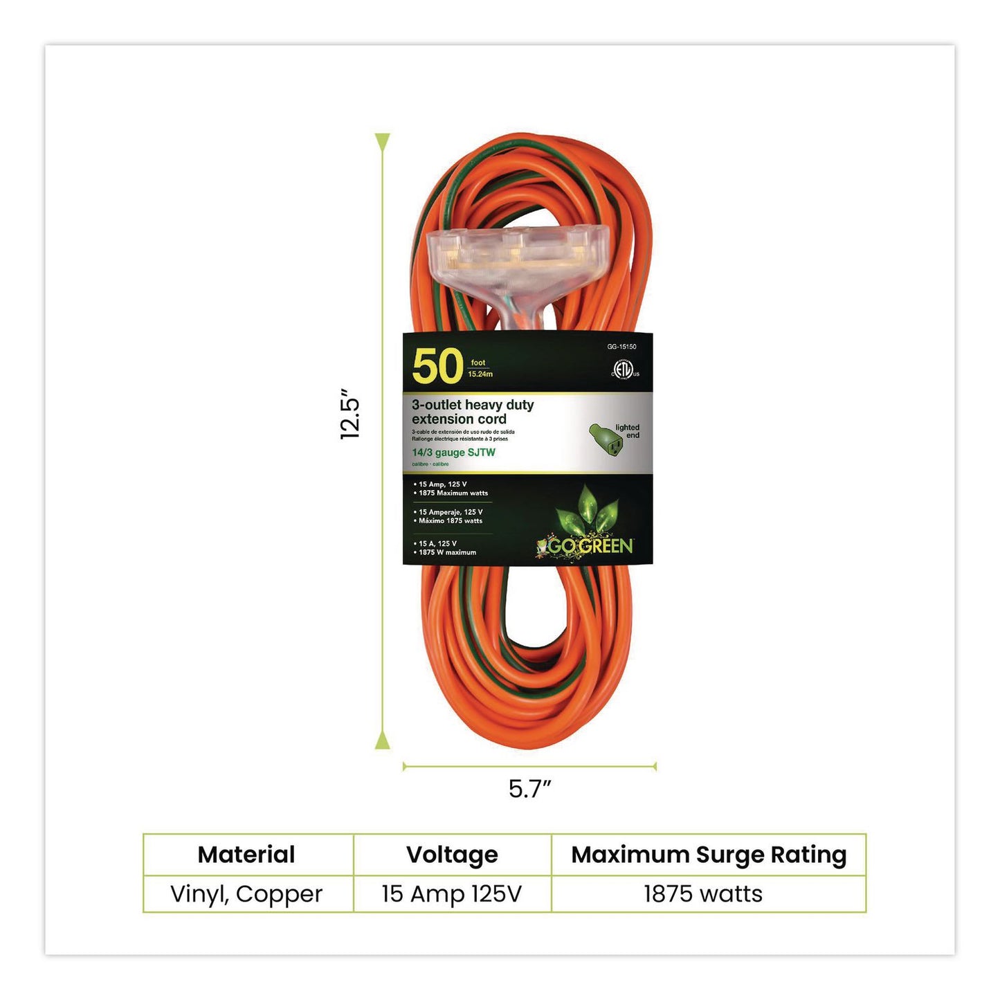 14 AWG 3-Outlet Heavy-Duty Extension Cord, 50 ft, 15 A, Orange