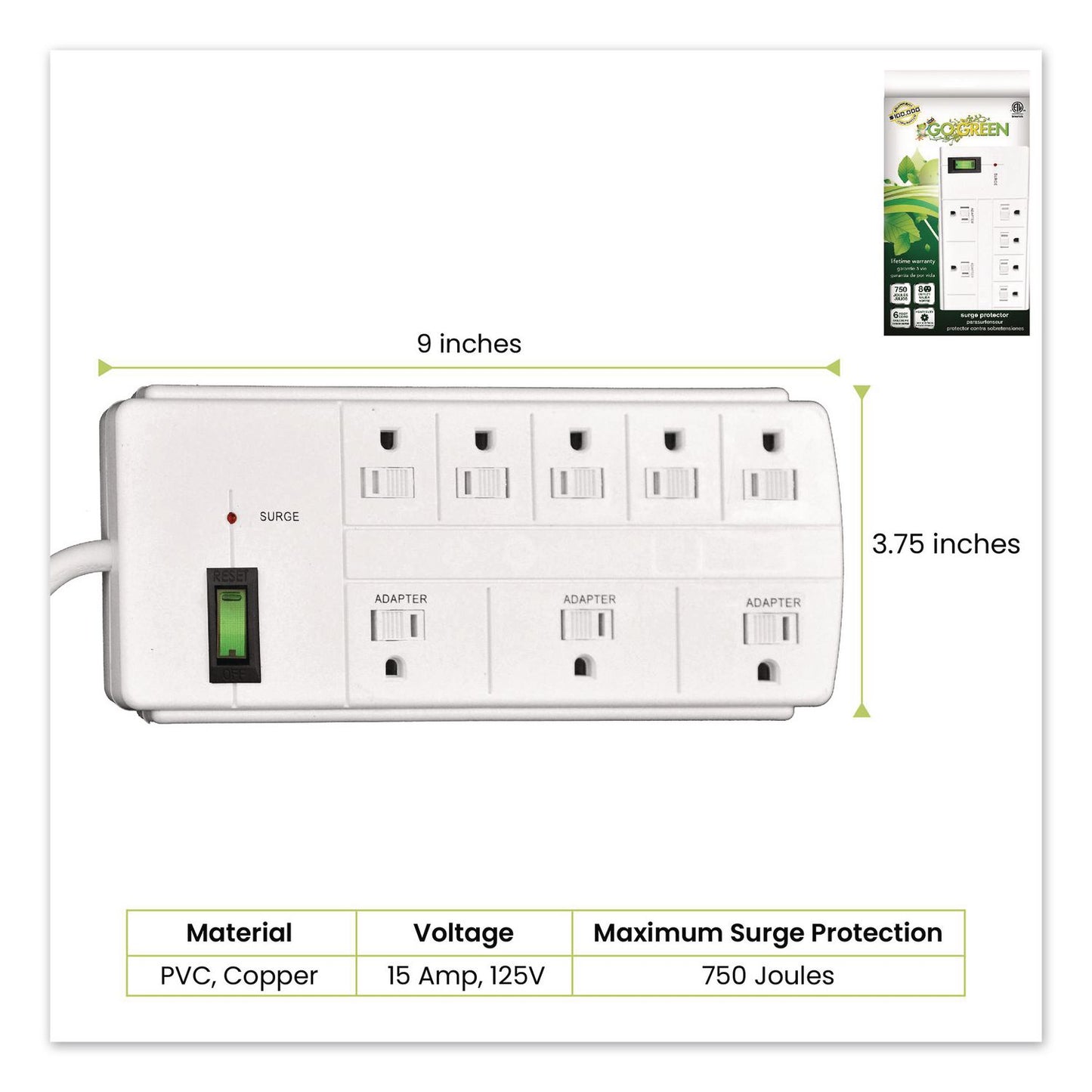 8 Outlet Surge Protector, 6 ft Cord, 750 J, White