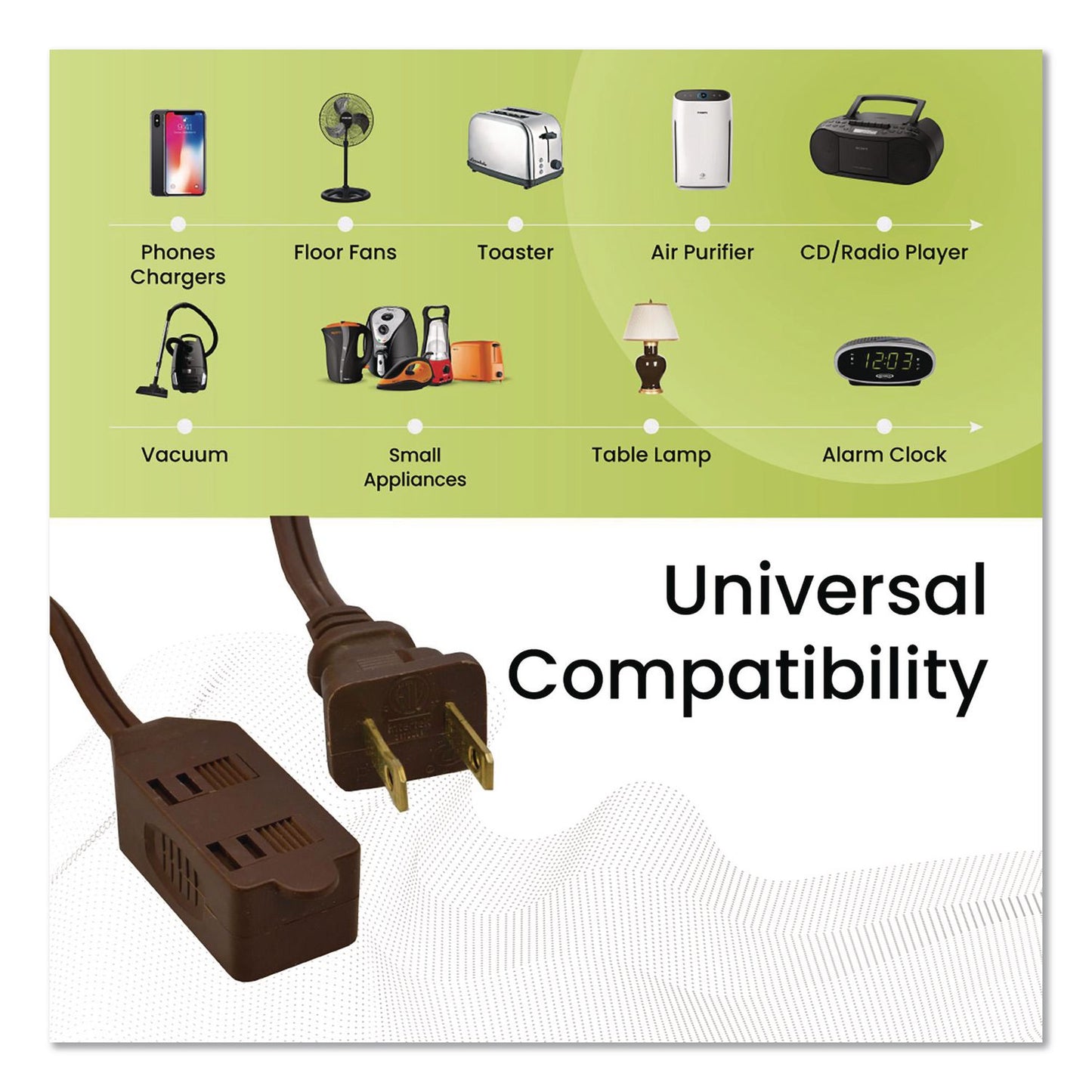 Household Extension Cord, 15 ft, 13 A, Brown, 3/Pack