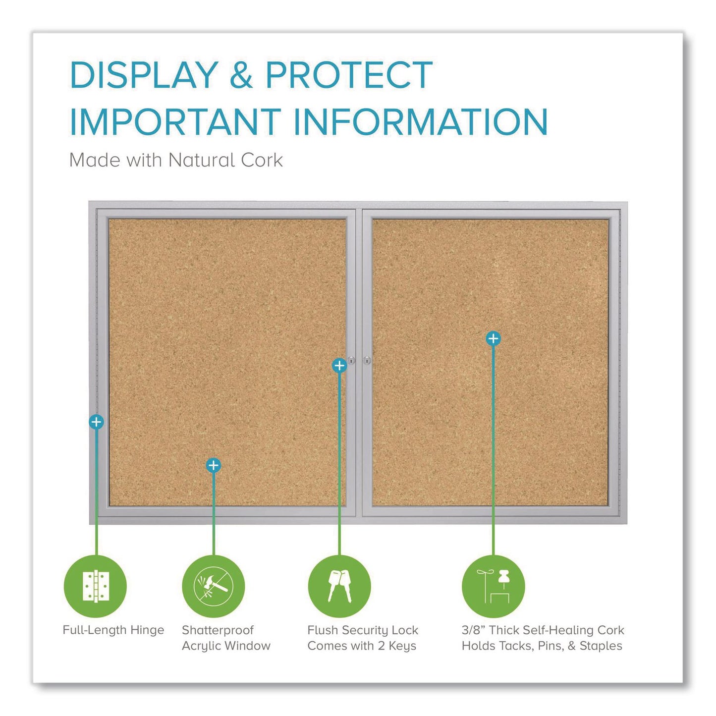 2 Door Enclosed Natural Cork Bulletin Board with Satin Frame, 48" x 36", Tan Surface, Satin Aluminum Frame
