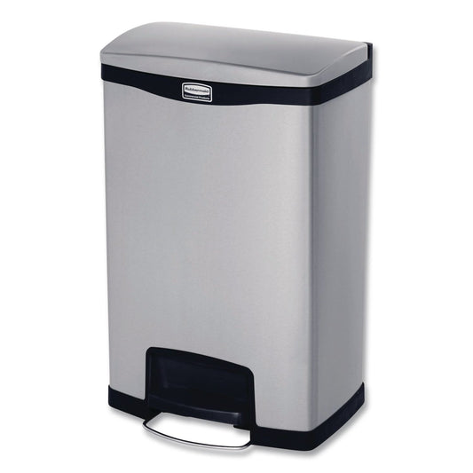 Slim Jim Stainless Steel Step-On Container, Front Step Style, 13 gal, Stainless Steel, Black