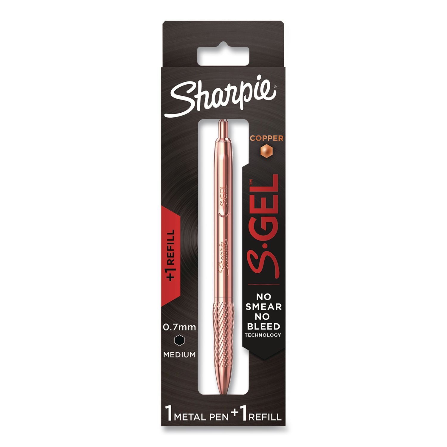 S-Gel Premium Metal Barrel Gel Pen with Bonus Ink Refill, Retractable, Medium 0.7 mm, Black Ink, Copper Barrel