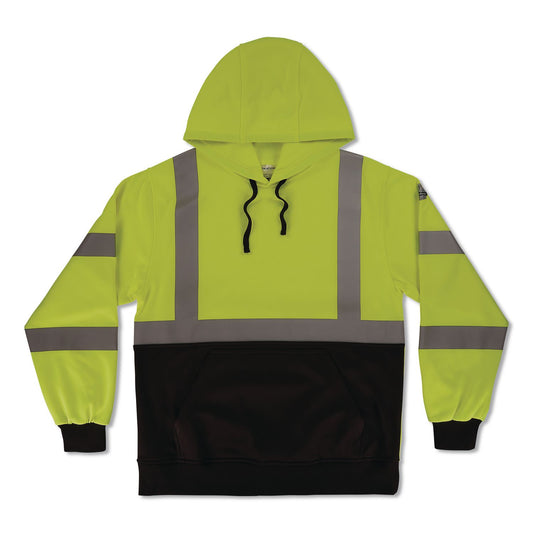 GloWear 8311BK Class 3 Essential Hi-Vis Hooded Sweatshirt with Black Bottom, Large, Lime