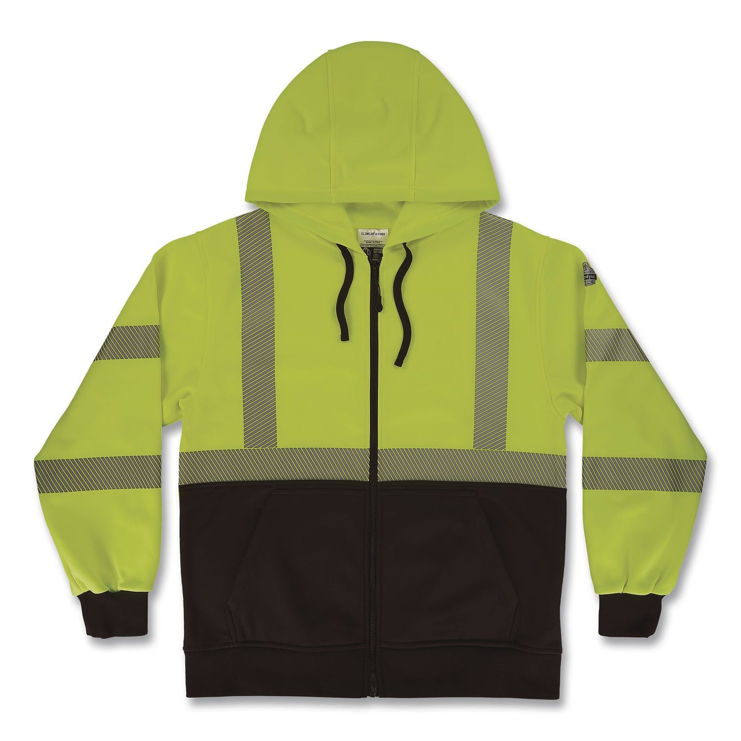 GloWear 8318BK Class 3 Performance Hi-Vis Hooded Zip-Up Sweatshirt with Black Bottom, Large, Lime