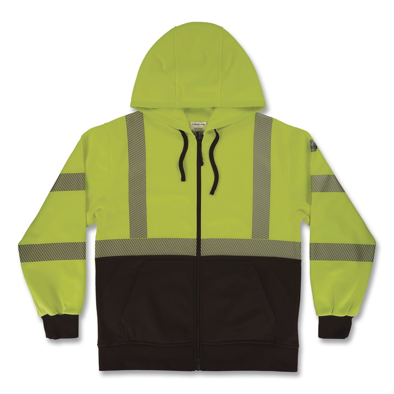 GloWear 8318BK Class 3 Performance Hi-Vis Hooded Zip-Up Sweatshirt with Black Bottom, Large, Lime