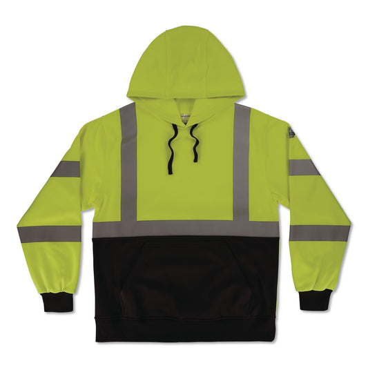 GloWear 8311BK Class 3 Essential Hi-Vis Hooded Sweatshirt with Black Bottom, X-Large, Lime