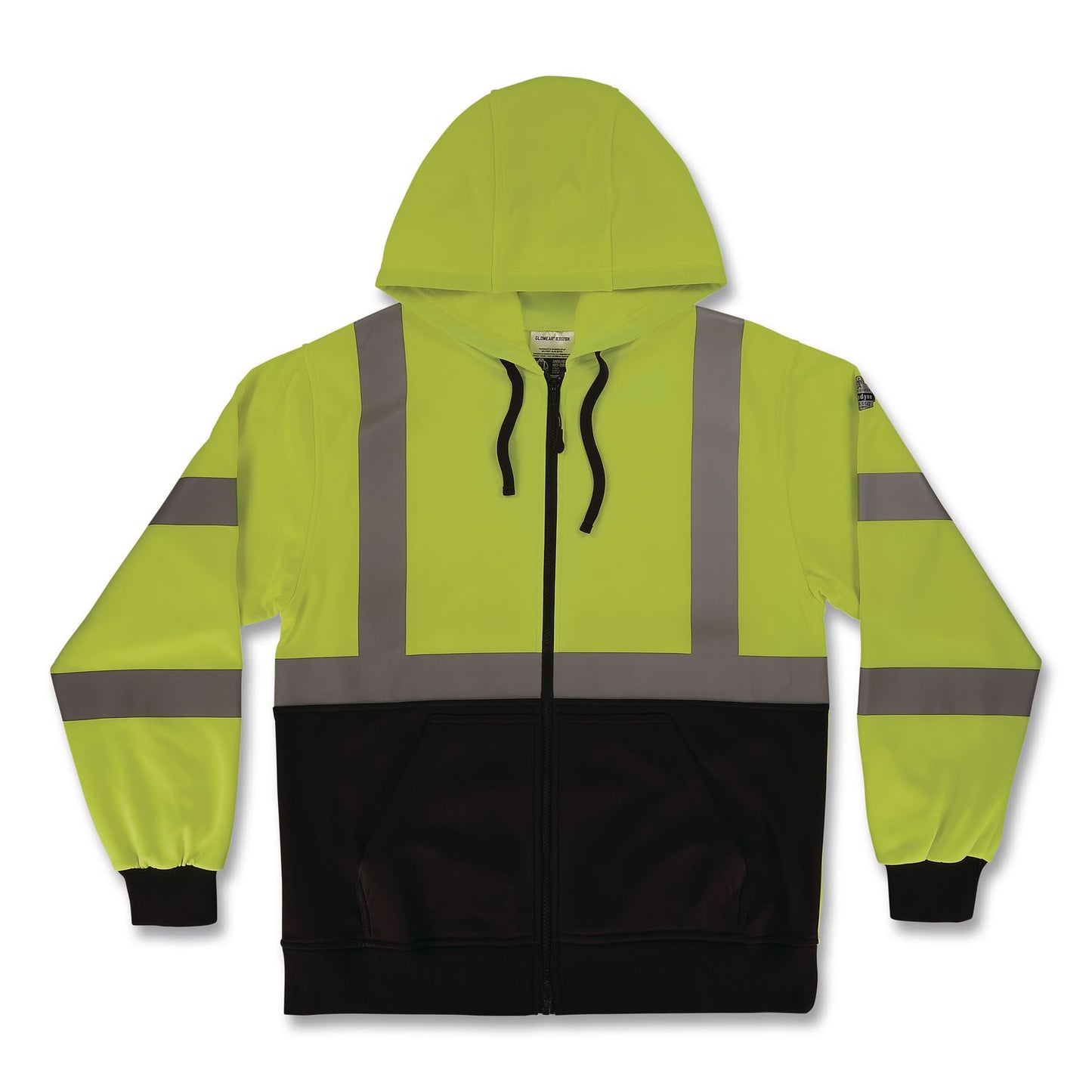 GloWear 8312BK Class 3 Essential Hi-Vis Hooded Zip-Up Sweatshirt with Black Bottom, X-Large, Lime