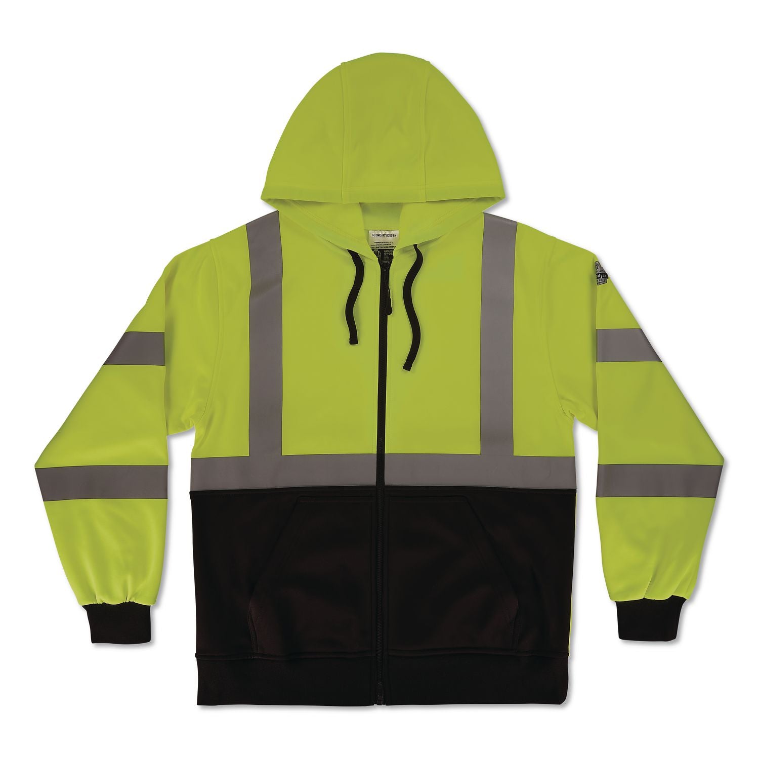 GloWear 8312BK Class 3 Essential Hi-Vis Hooded Zip-Up Sweatshirt with Black Bottom, 3X-Large, Lime