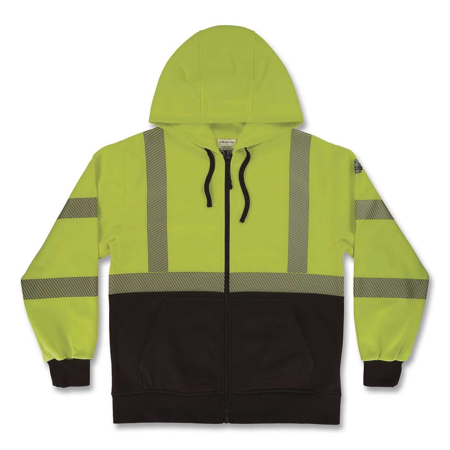 GloWear 8318BK Class 3 Performance Hi-Vis Hooded Zip-Up Sweatshirt with Black Bottom, 3X-Large, Lime