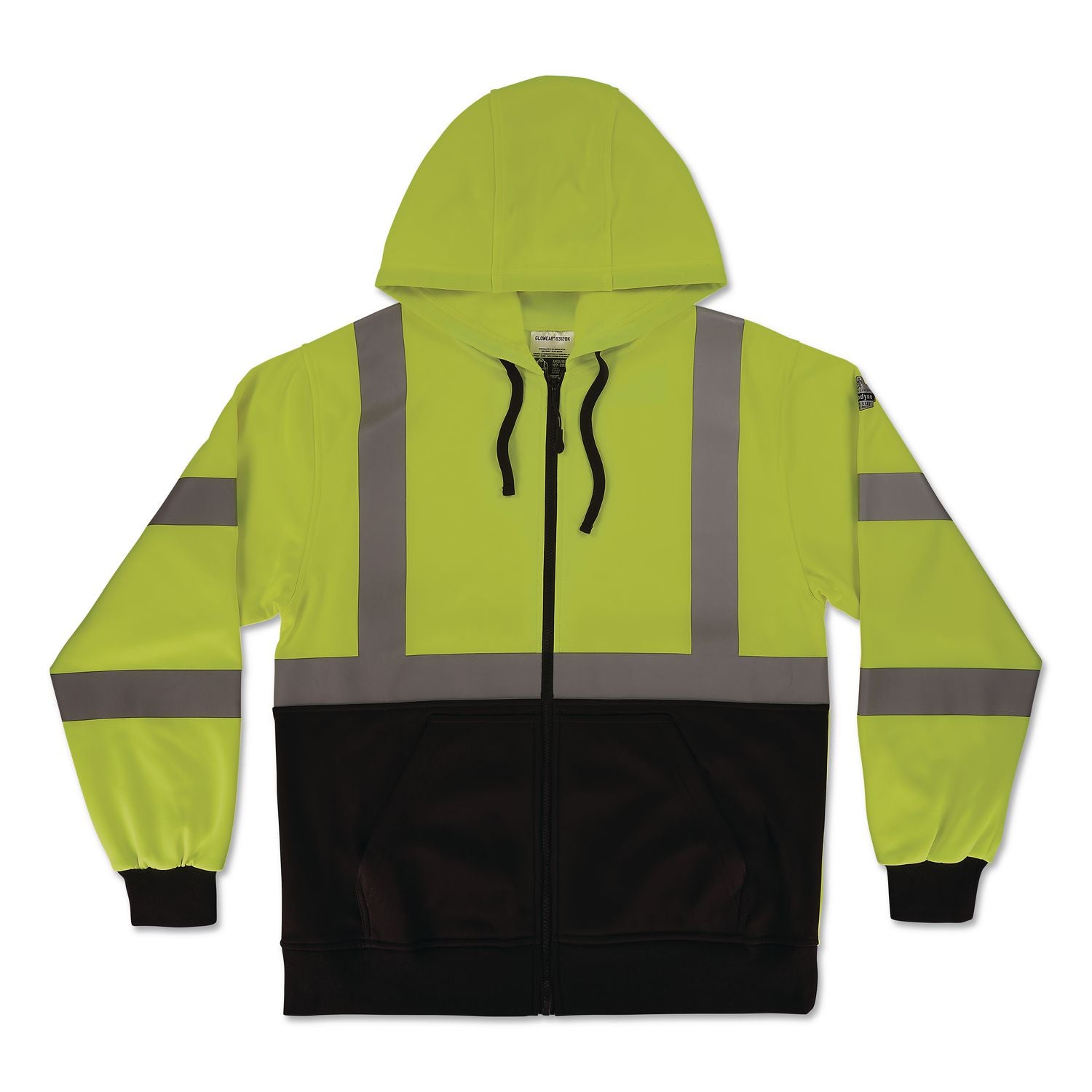 GloWear 8312BK Class 3 Essential Hi-Vis Hooded Zip-Up Sweatshirt with Black Bottom, 5X-Large, Lime