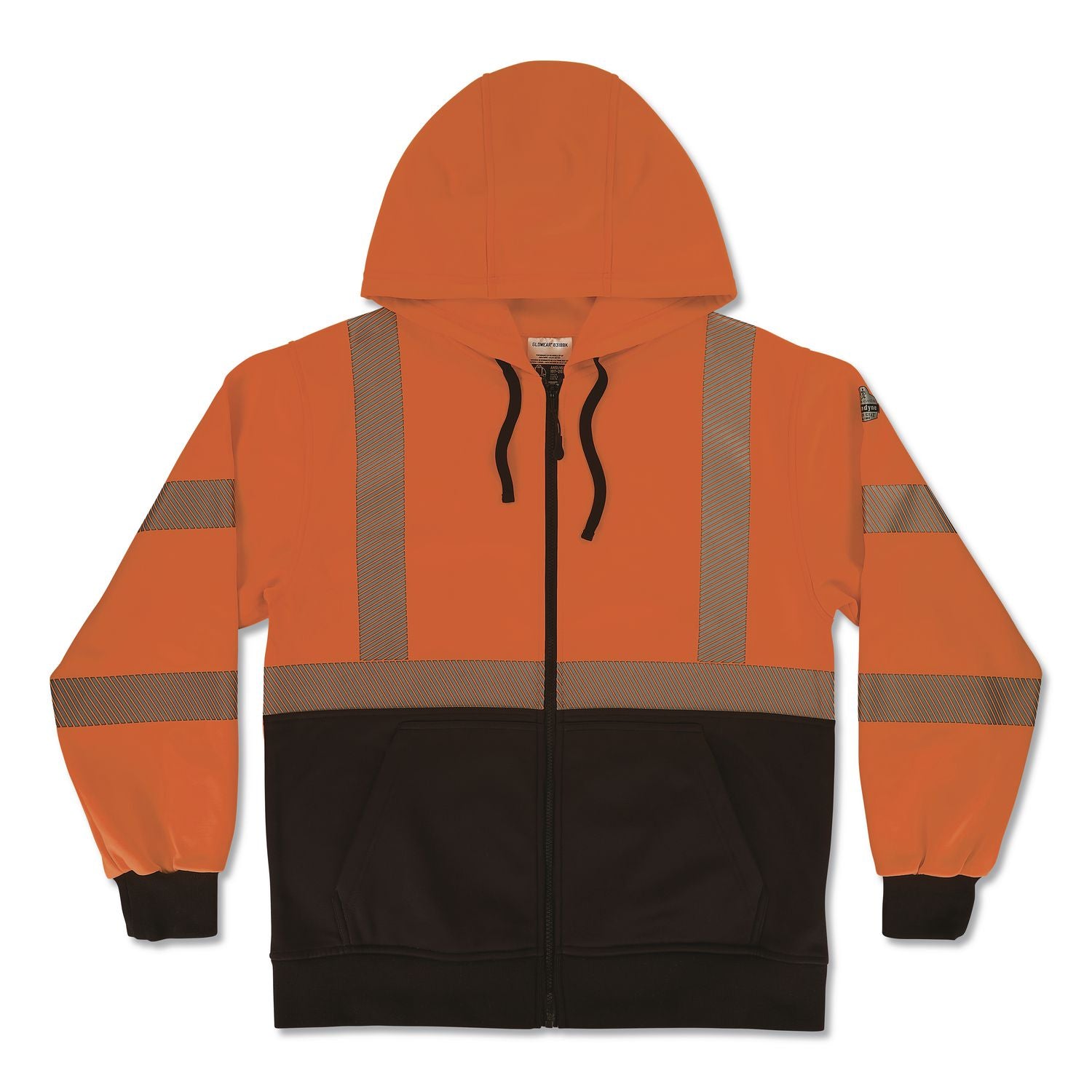 GloWear 8318BK Class 3 Performance Hi-Vis Hooded Zip-Up Sweatshirt with Black Bottom, Medium, Orange