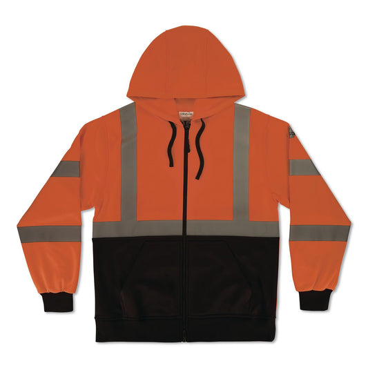 GloWear 8312BK Class 3 Essential Hi-Vis Hooded Zip-Up Sweatshirt with Black Bottom, Large, Orange