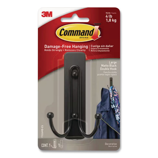 Adhesive Mount Metal Hook, Large, Double Hook, Matte Black Finish, 4 lb Capacity, 1 Hook and 1 Strip/Pack