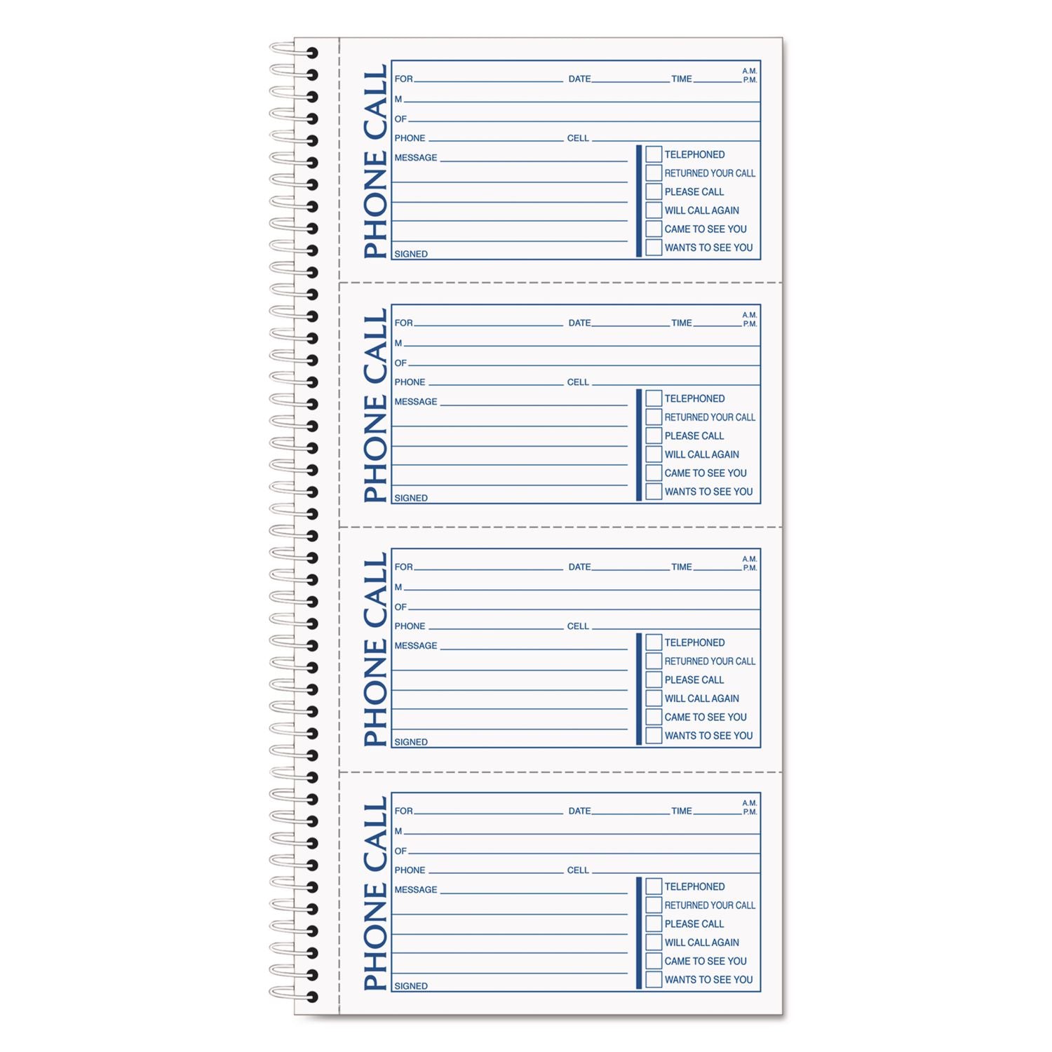 Spiralbound Message Book, Two-Part Carbonless, 5 x 2.75, 4 Forms/Sheet, 200 Forms Total