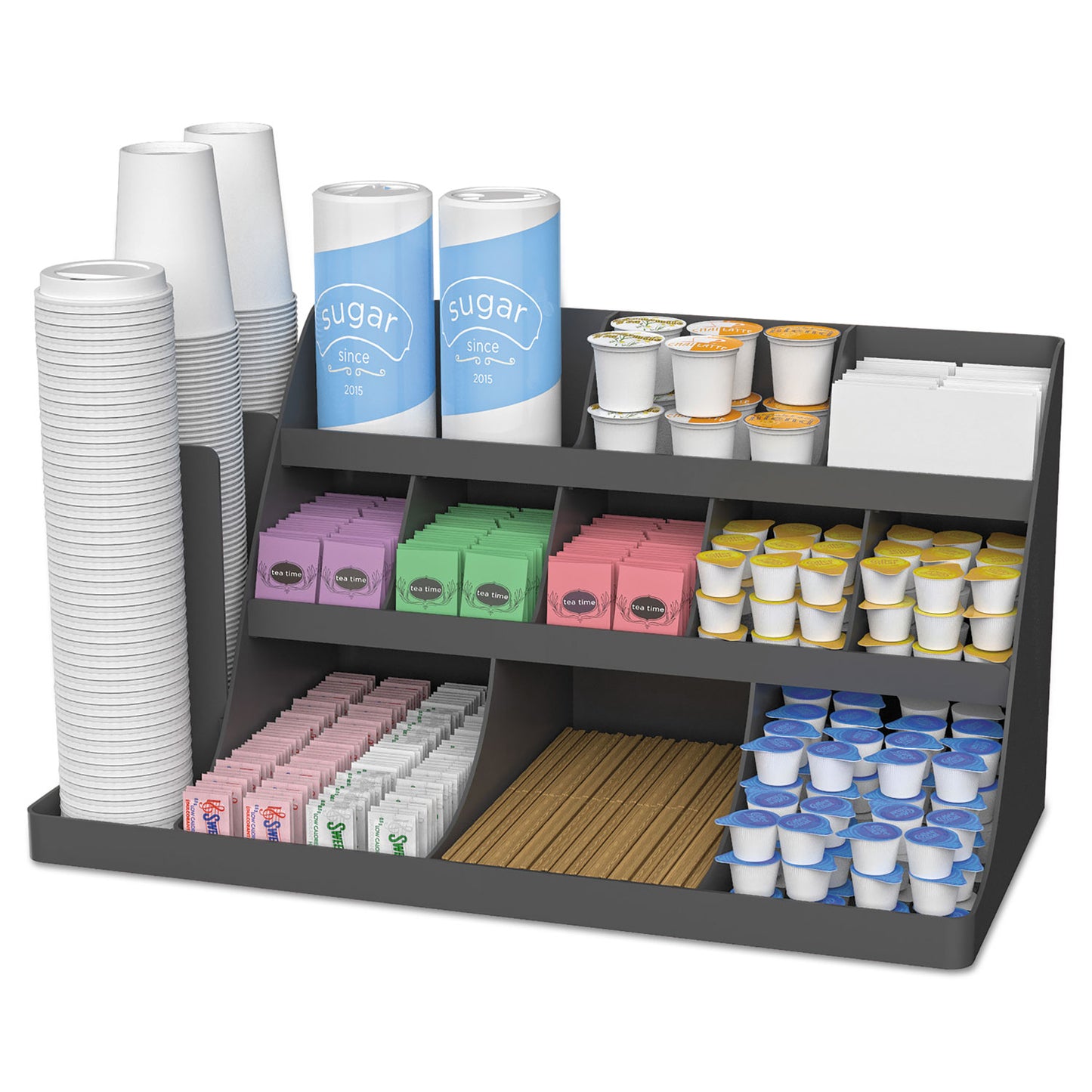 Extra Large Coffee Condiment and Accessory Organizer, 14 Compartments, 24 x 11.8 x 12.5, Black