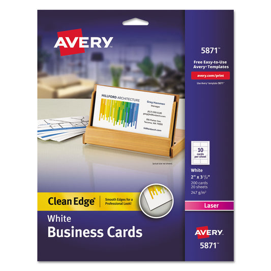 Clean Edge Business Cards, Laser, 2 x 3.5, White, 10 Cards/Sheet, 20 Sheets/Pack