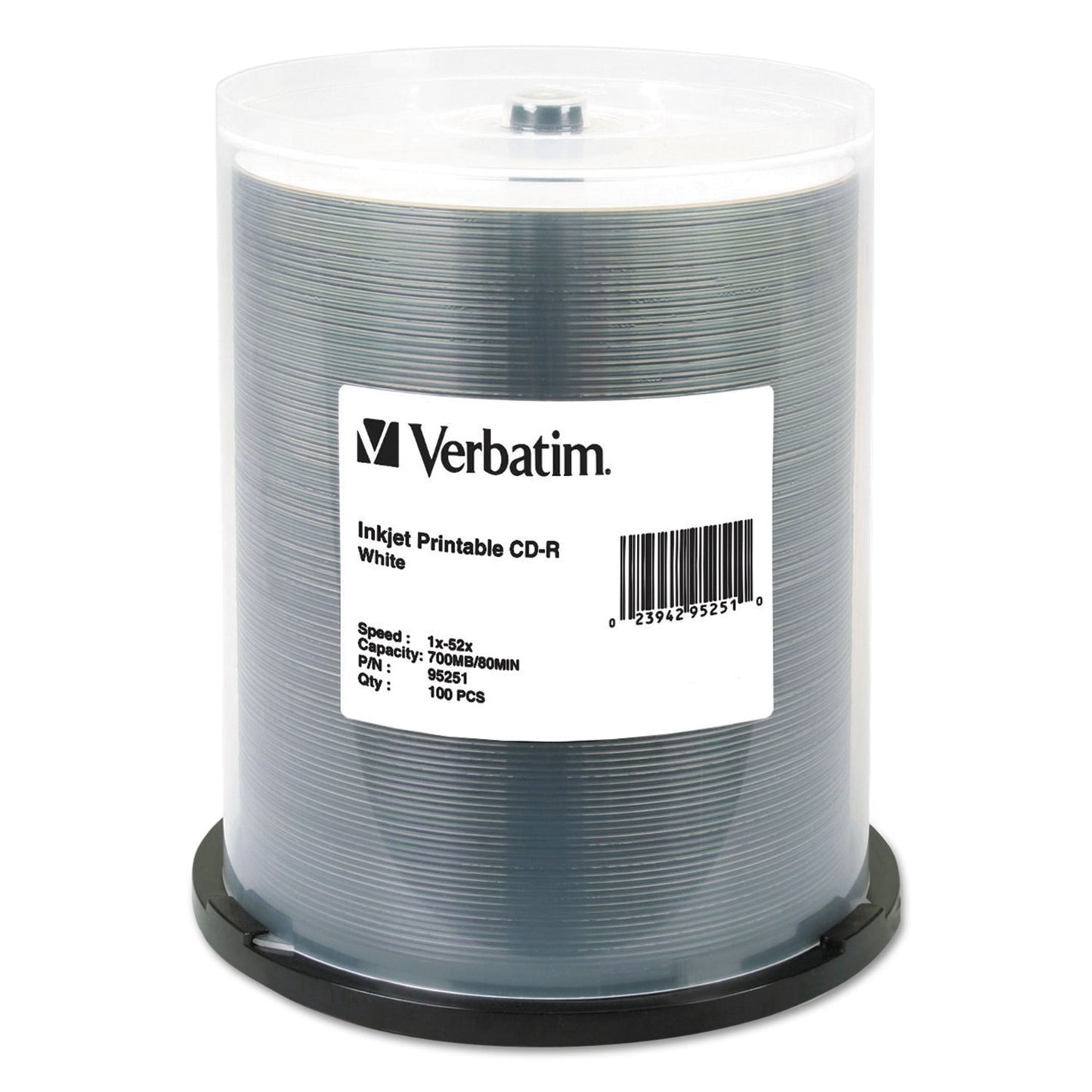 CD-R Printable Recordable Disc, 700 MB/80 Minute, 52x, Spindle, White, 100/Pack