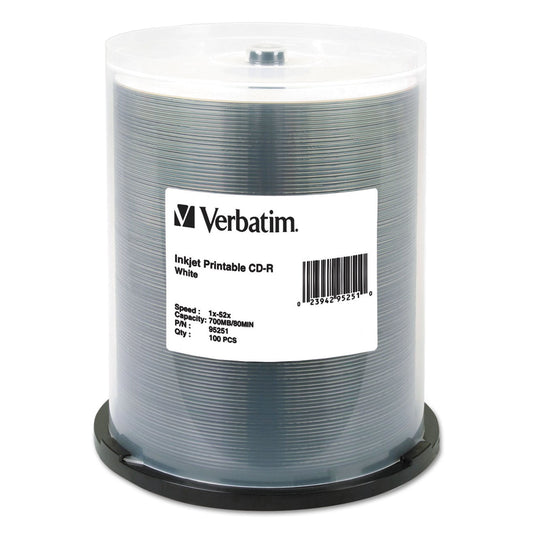CD-R Printable Recordable Disc, 700 MB/80 Minute, 52x, Spindle, White, 100/Pack