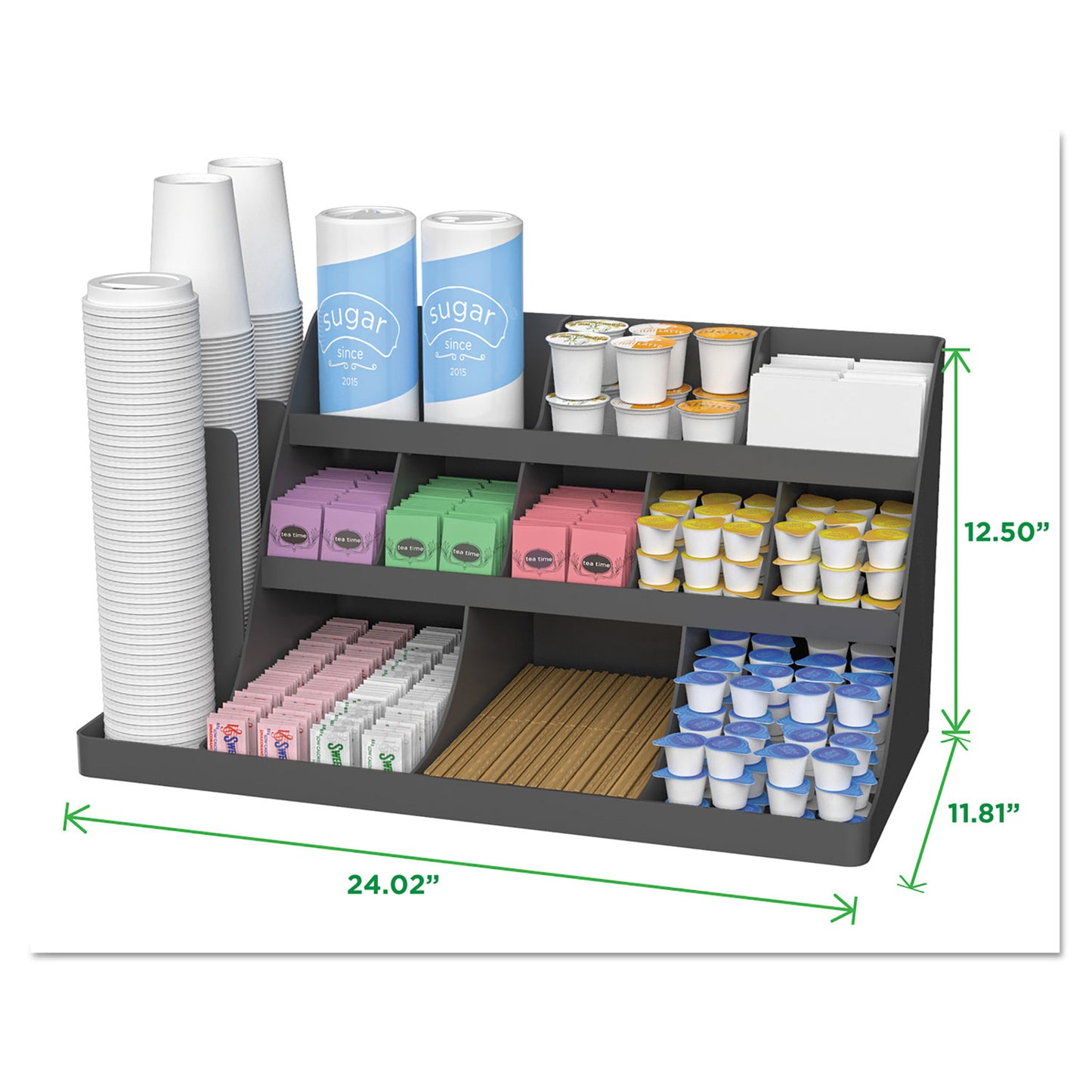 Extra Large Coffee Condiment and Accessory Organizer, 14 Compartments, 24 x 11.8 x 12.5, Black