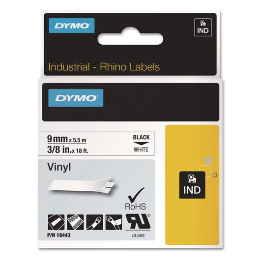 Rhino Permanent Vinyl Industrial Label Tape, 0.37" X 18 Ft, White/black Print