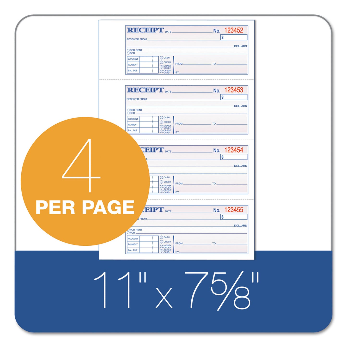Multipart Money/Rent Receipt Book, Casebound (Hard Cover), Three-Part Carbonless, 7 x 2.75, 4 Forms/Sheet, 200 Forms Total