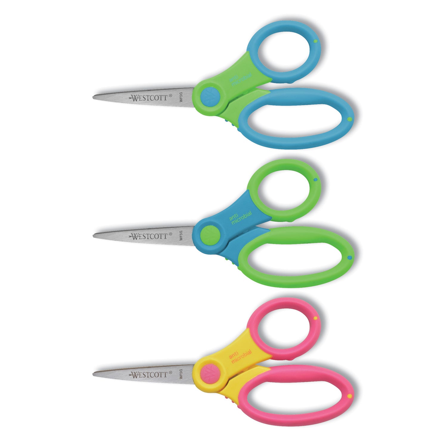 Ultra Soft Handle Scissors with Antimicrobial Protection, Point Tip, 5" Long, 2" Cut Length, Randomly Assorted Handle Color