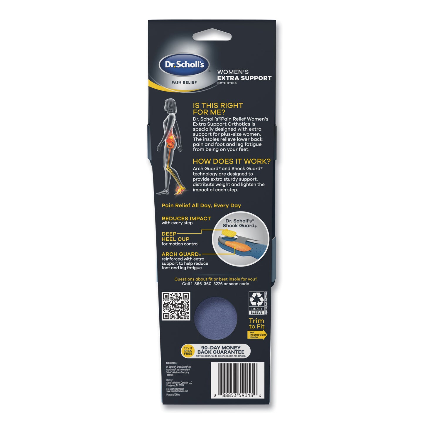 Pain Relief Extra Support Orthotic Insoles, Women, Women's Sizes 6 to 11, Gray/Blue/Orange/Yellow, Pair