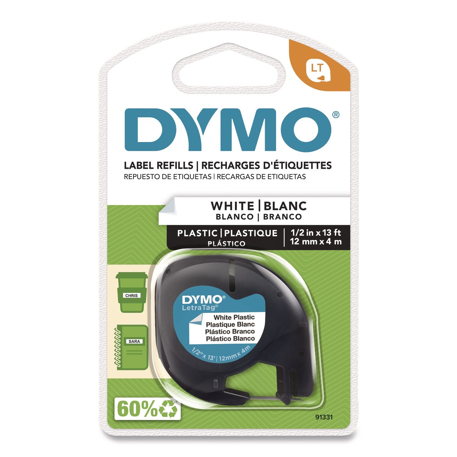 Letratag Plastic Label Tape Cassette, 0.5" X 13 Ft, White