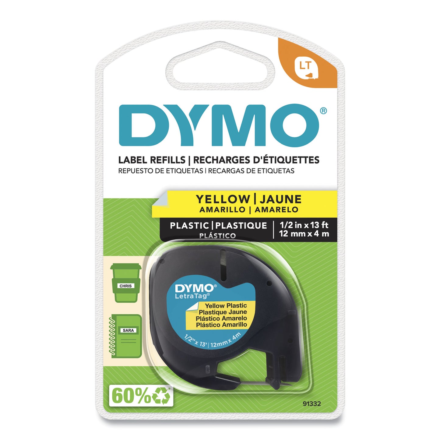 Letratag Plastic Label Tape Cassette, 0.5" X 13 Ft, Yellow