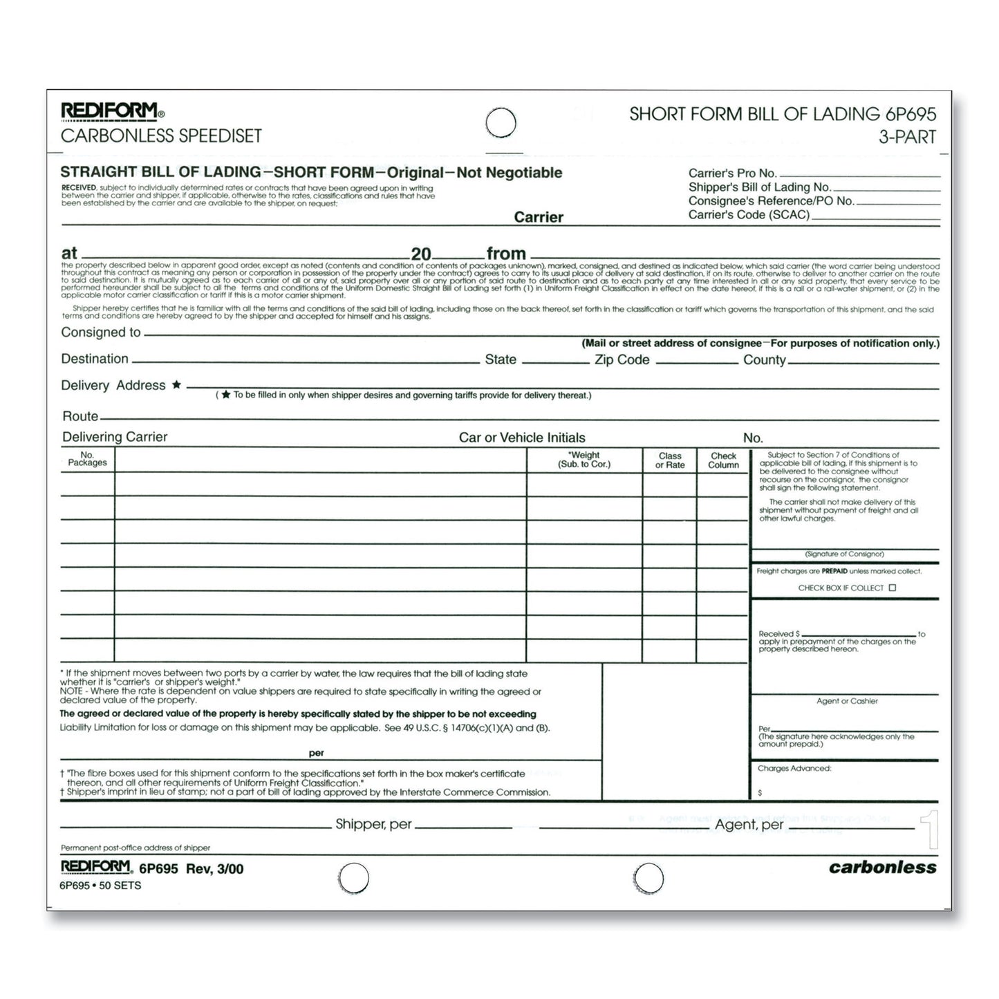 Speediset Bill of Lading, Short Form, Three-Part Carbonless, 7 x 8.5, 50 Forms Total