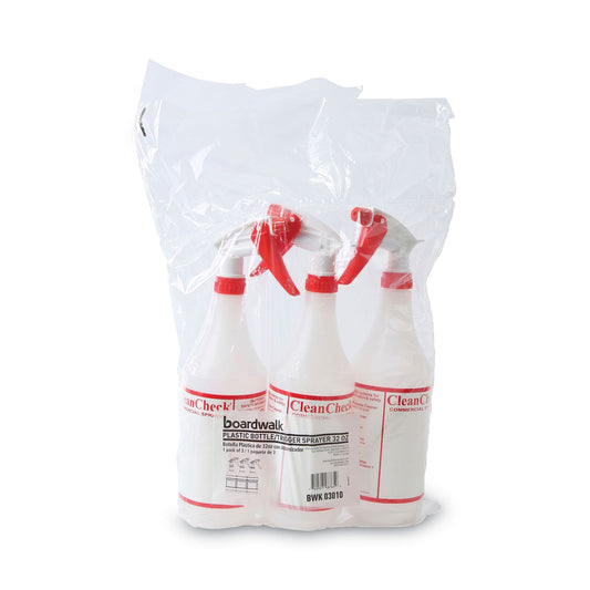 General Purpose Plastic Bottle with Trigger Spray, 32 oz, Clear/Red, 3/Pack