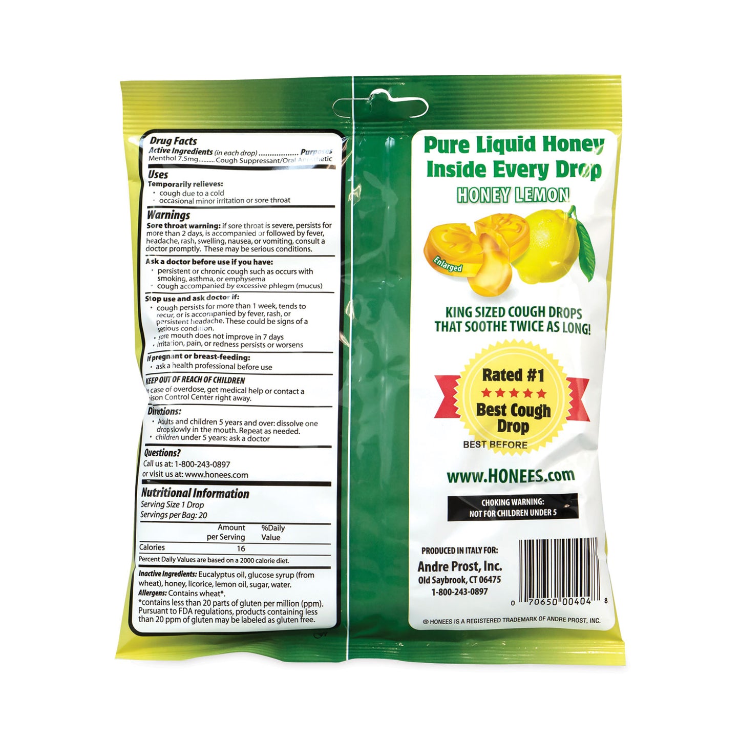 Cough Drops, Honey-Lemon, 20 per Bag, 6 Bags/Pack