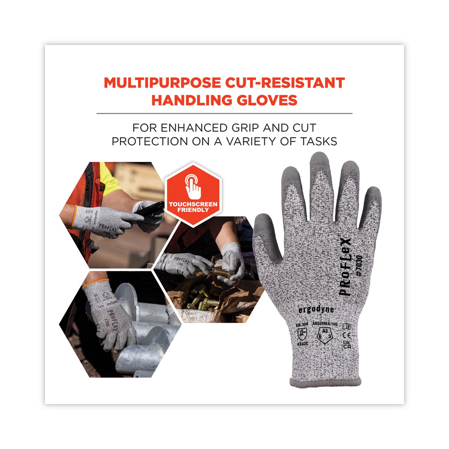 ProFlex 7030 ANSI A3 PU Coated CR Gloves, EN388: 4X42C, 9" Long, X-Large, Gray, 12 Pairs
