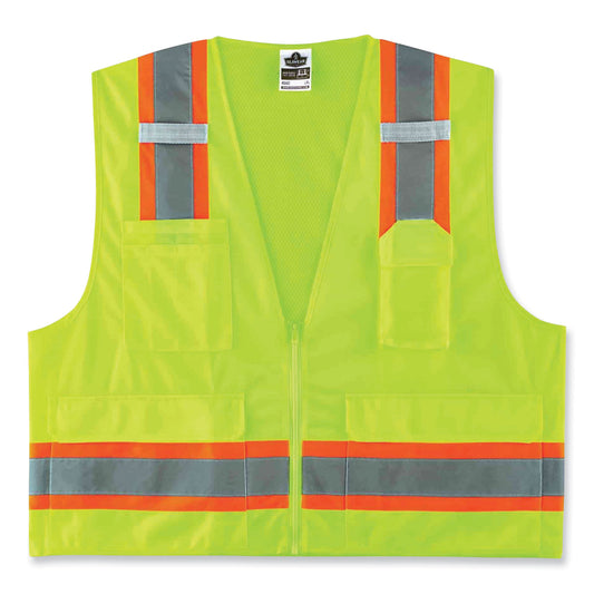 GloWear 8248Z Class 2 Two-Tone Surveyors Zipper Vest, Polyester, Large/X-Large, Lime