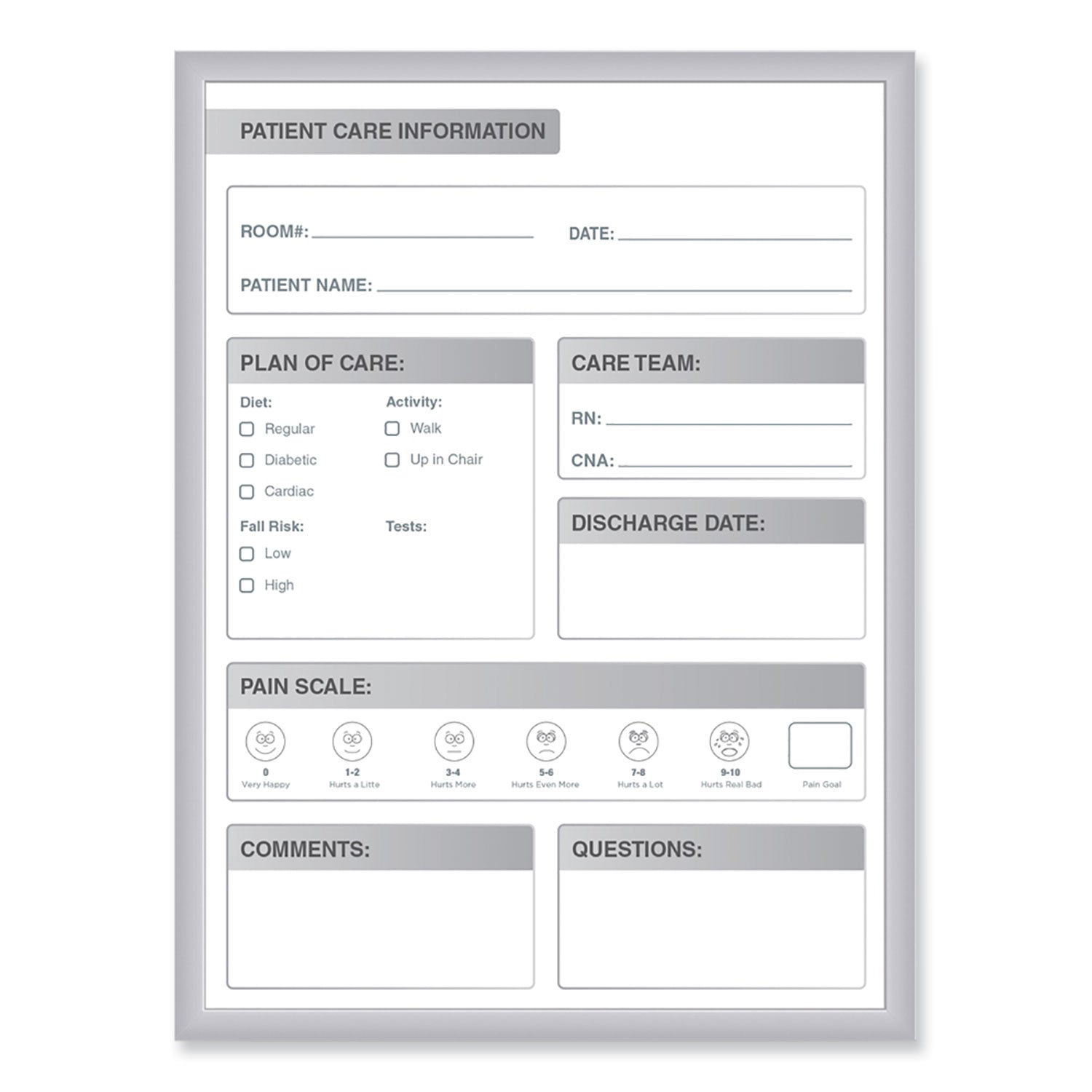 Patient Room Magnetic Whiteboard, Hospital Patient Chart, 24" x 36", White/Gray Surface, Satin Aluminum Frame