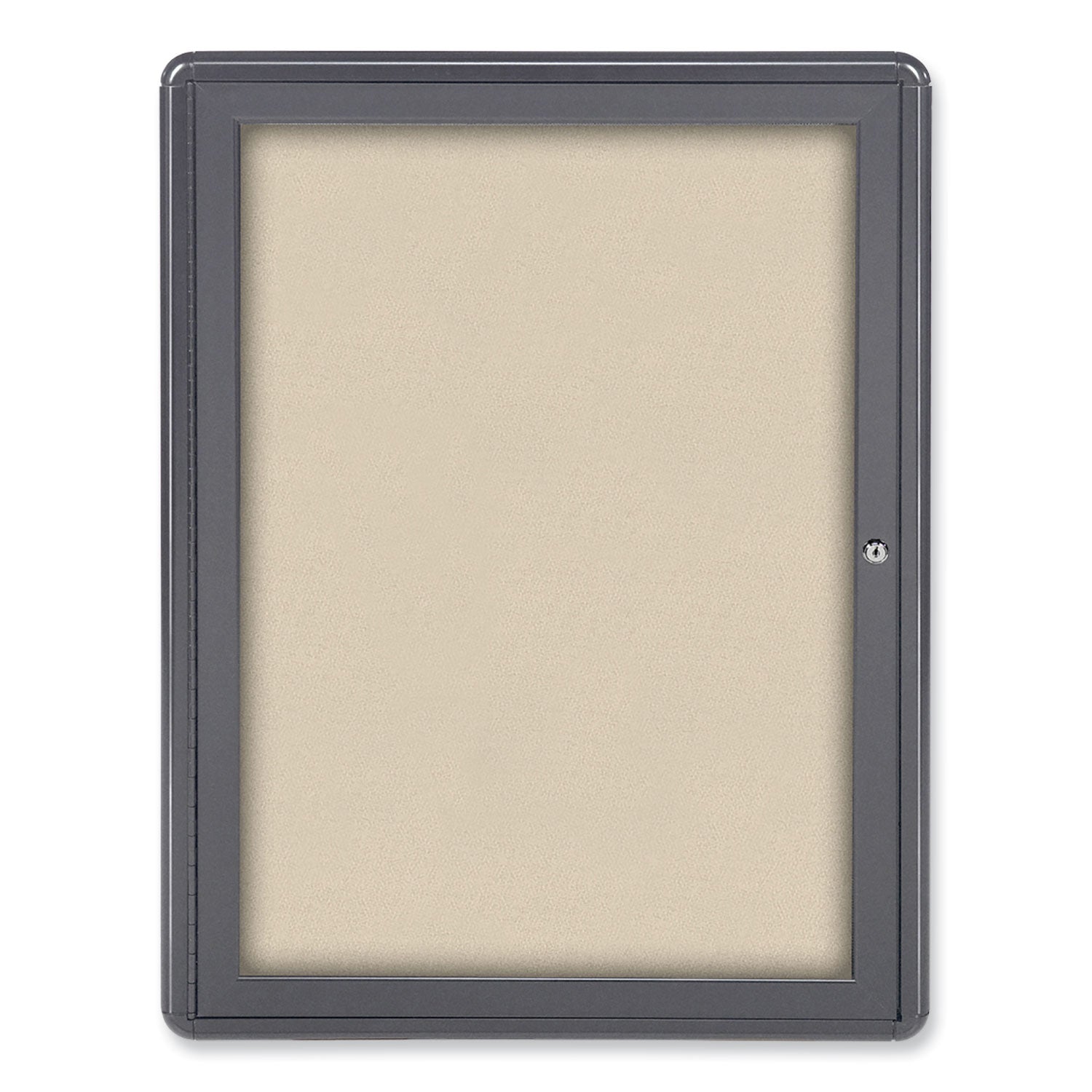 Ovation 1 Door Enclosed Fabric Bulletin Board, 24.13" x 33.75", Beige Surface, Powder-Coated Gray Aluminum Frame