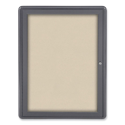 Ovation 1 Door Enclosed Fabric Bulletin Board, 24.13" x 33.75", Beige Surface, Powder-Coated Gray Aluminum Frame