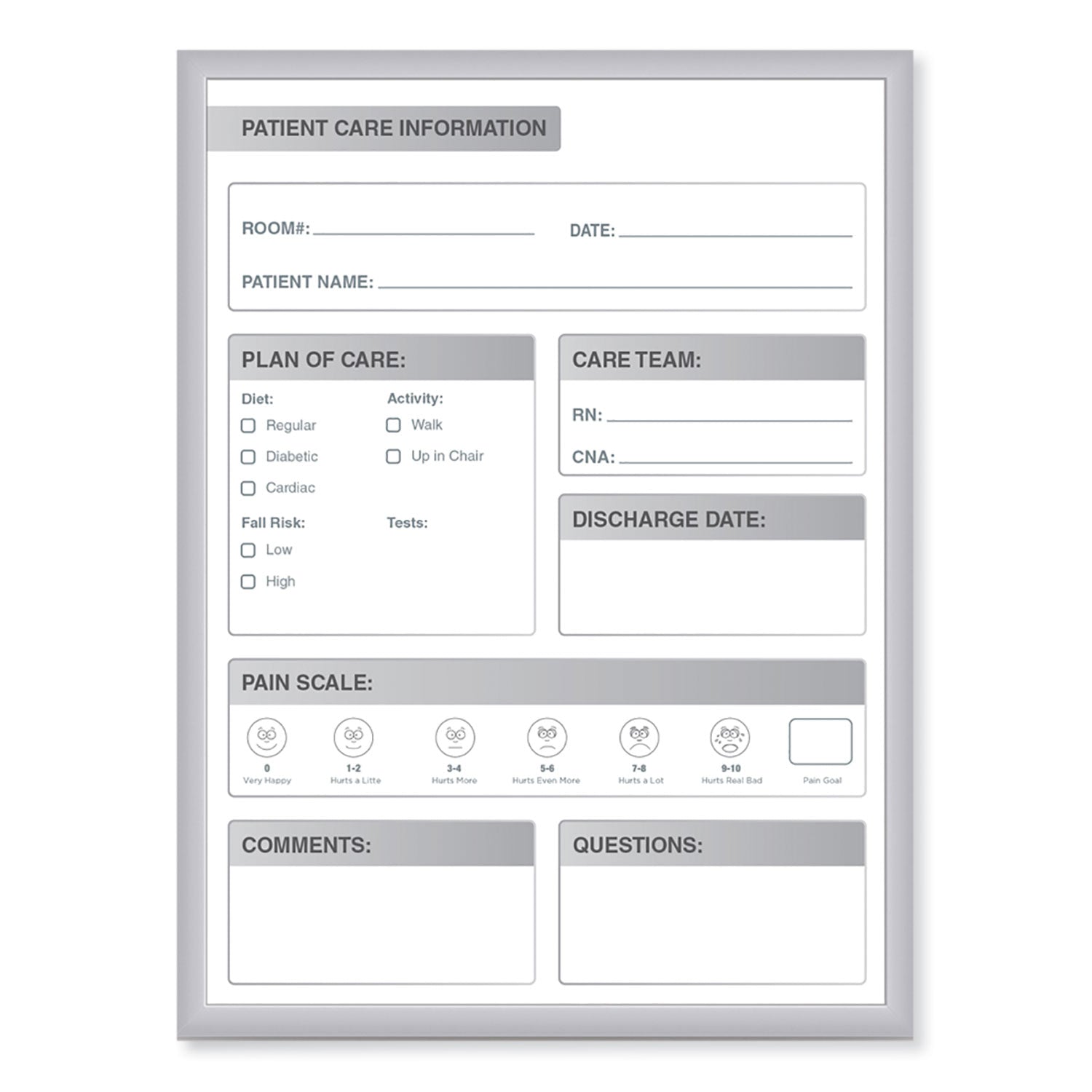 Patient Room Magnetic Whiteboard, Hospital Patient Chart, 18.5" x 24.5", White/Gray Surface, Satin Aluminum Frame