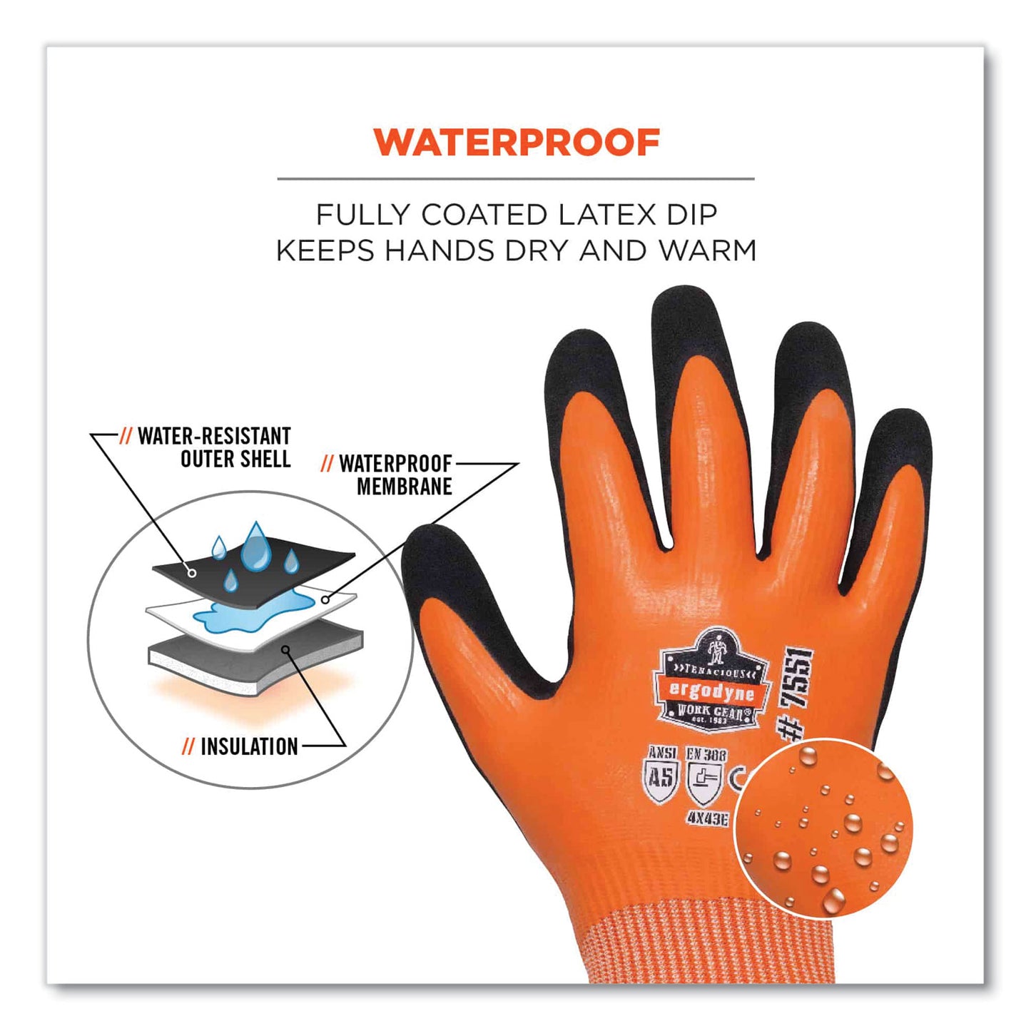 ProFlex 7551-CASE ANSI A5 Coated Waterproof CR Gloves, EN388: 4X43E, 10" Long, Small, Orange, 144 Pairs/Carton