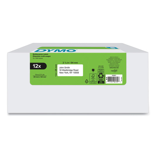 LW Multipurpose Labels, 1" x 2.13", White, 500 Labels/Roll, 12 Rolls/Pack