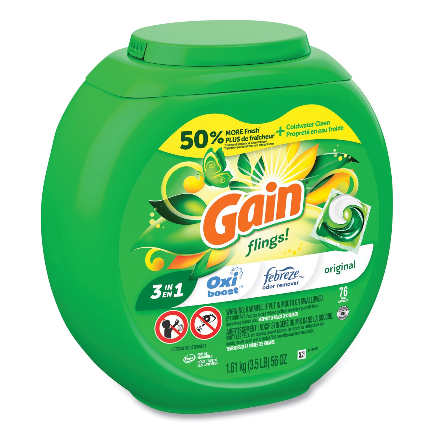 Flings Detergent Pods, Gain Original Scent, 76 Pods/Tub