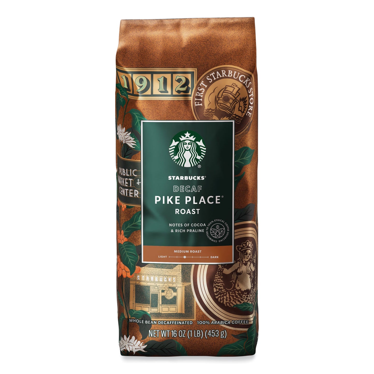 Whole Bean Coffee, Decaffeinated, Pike Place, 1 lb, Bag