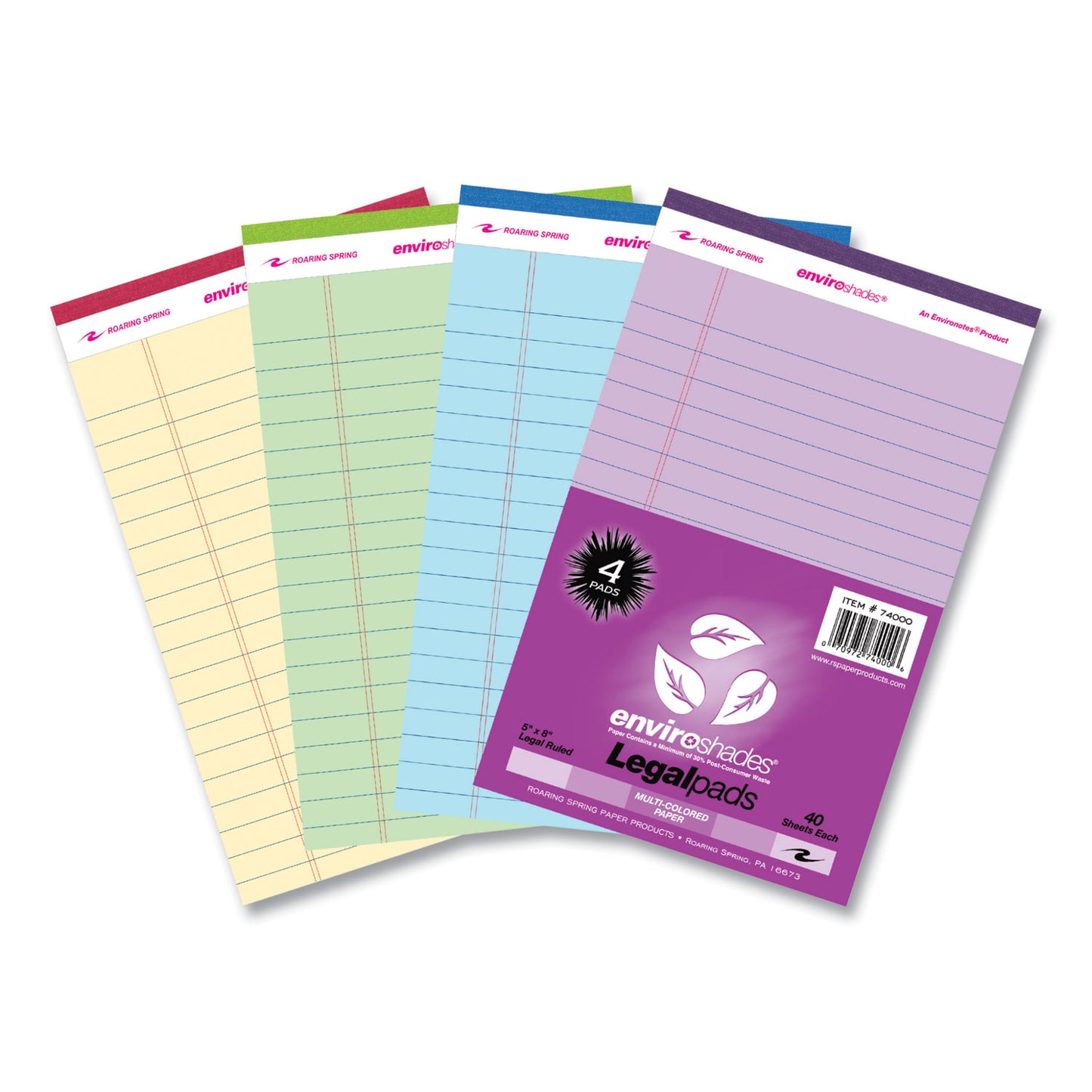 EnviroShades Legal Notepads, Wide/Legal Rule, (40) Assorted Color 5 x 8 Sheets, 72/Carton