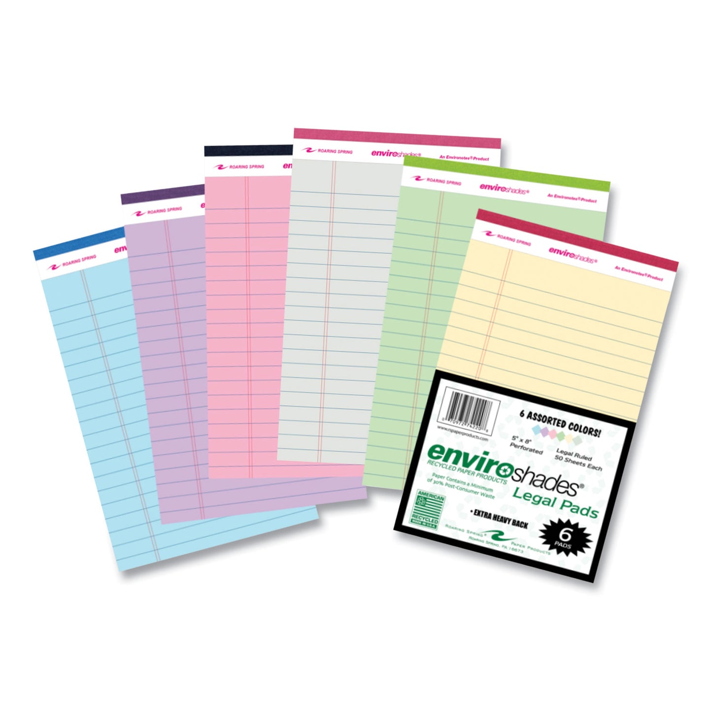 EnviroShades Legal Notepads, Wide/Legal Rule, (50) Assorted Color 5 x 8 Sheets, 72/Carton