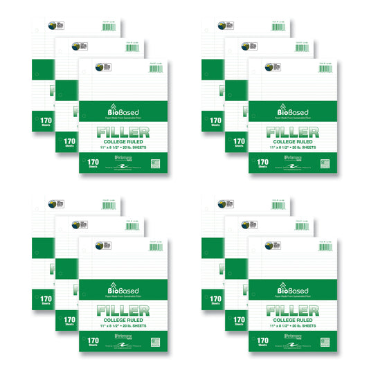 Filler Paper, 3-Hole, 8.5 x 11, College Rule, 170 Sheets/Pack, 12 Packs/Carton