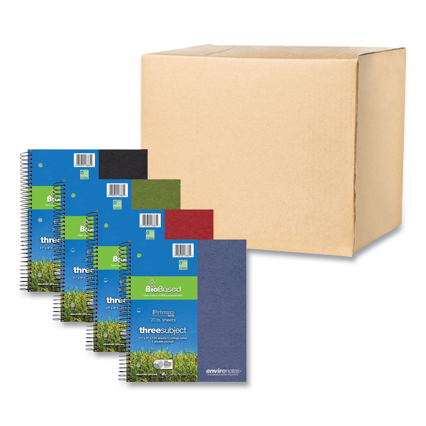 Earthtones BioBased Paper Notebook, 3-Subject, College Rule, Randomly Assorted Cover Colors, (120) 11 x 9 Sheets, 24/Carton