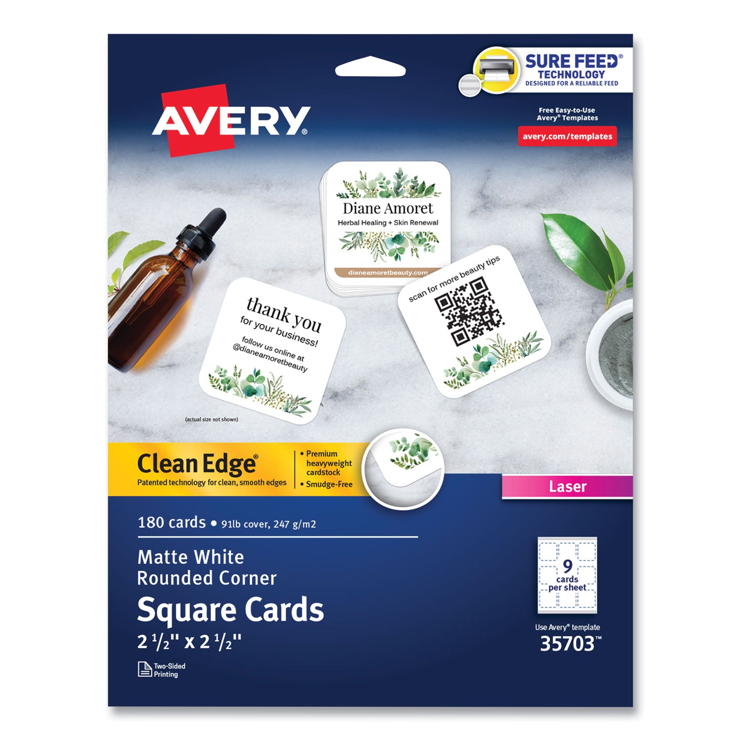 Square Clean Edge Cards with Sure Feed Technology, Laser, 2.5 x 2.5, White, 9 Cards/Sheet, 20 Sheets/Pack