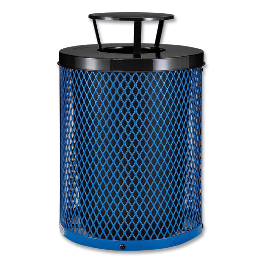 Outdoor Diamond Steel Trash Can, Rain Bonnet Lid, 36 gal, Blue