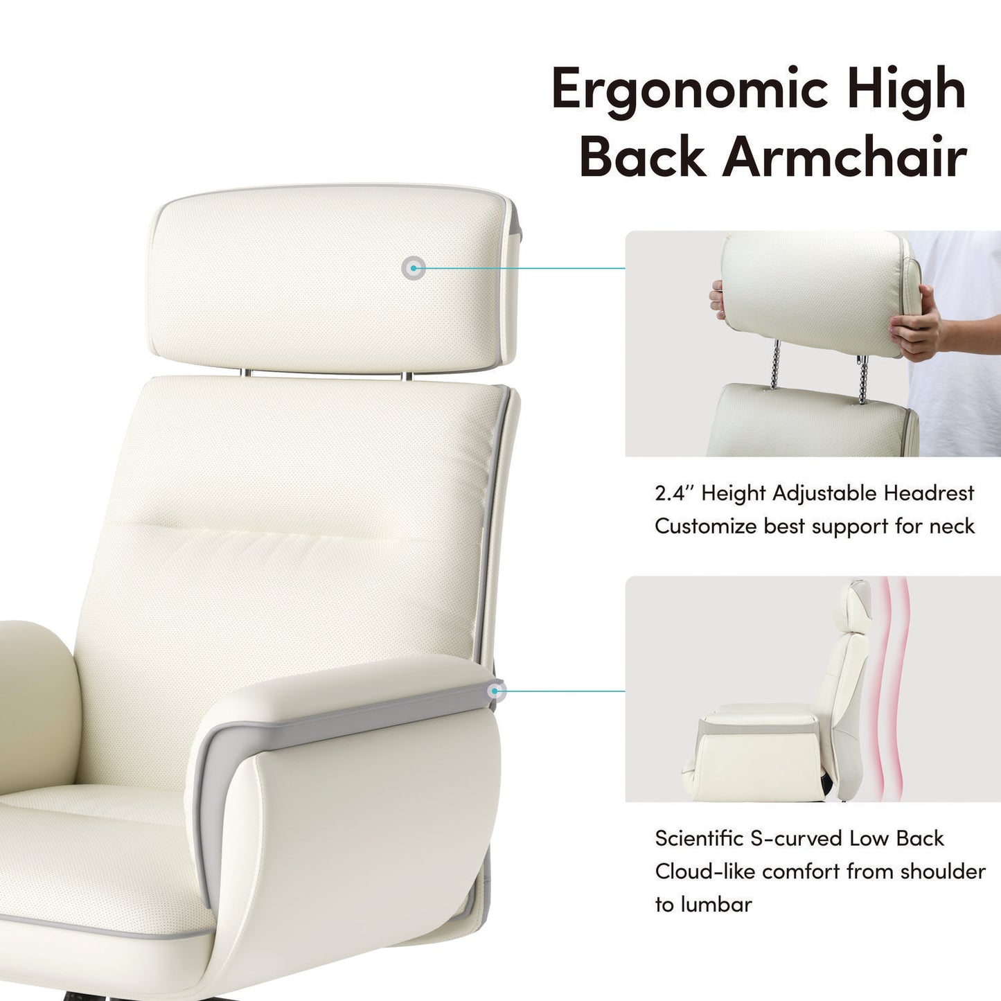 Royal Executive Office Chair, Support up to 300 lb, 19.46"-22.26" Seat Height, White PU Leather Seat, White Faux Leather Back